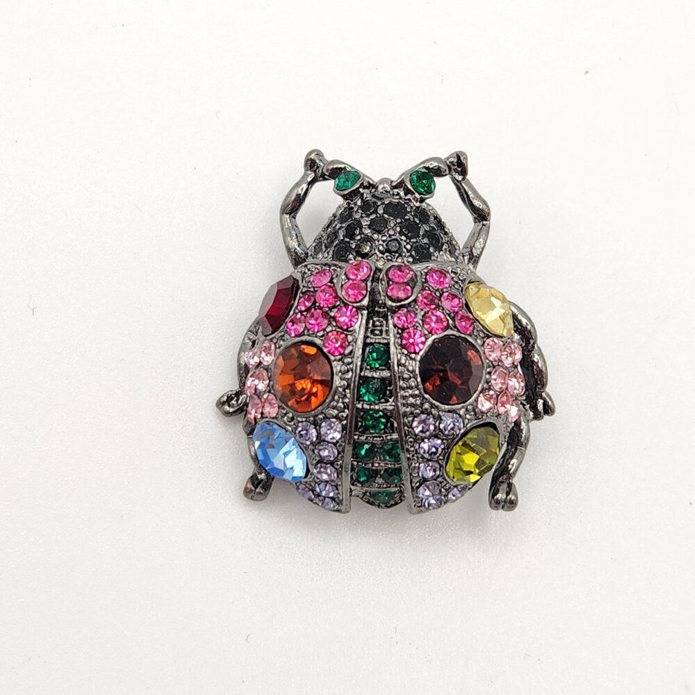 Rhinestone Lady Bug Brooch Pin Embellishment Jewelry Rainbow Multicolor Gems